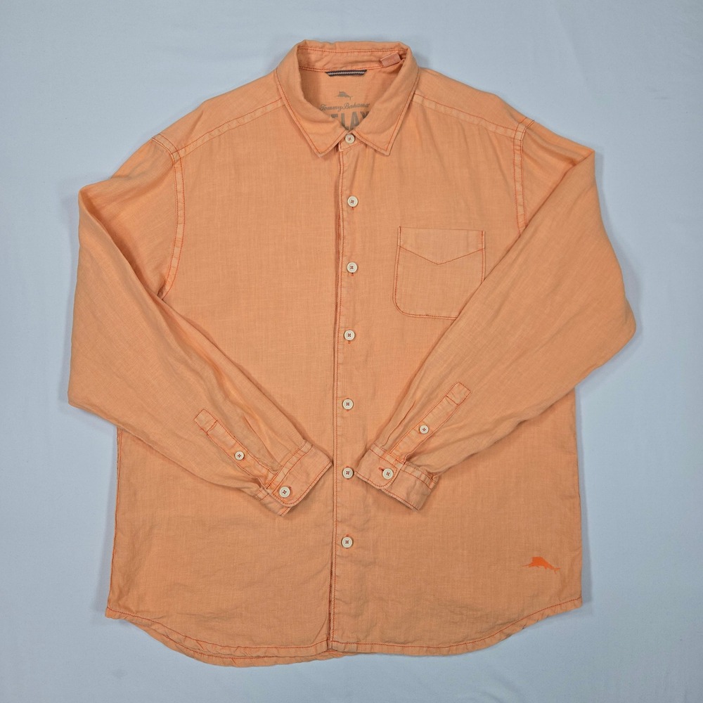 Tommy Bahama Men Linen Orange Button Shirt XL Relax Fit Sunwashed Coastal Casual